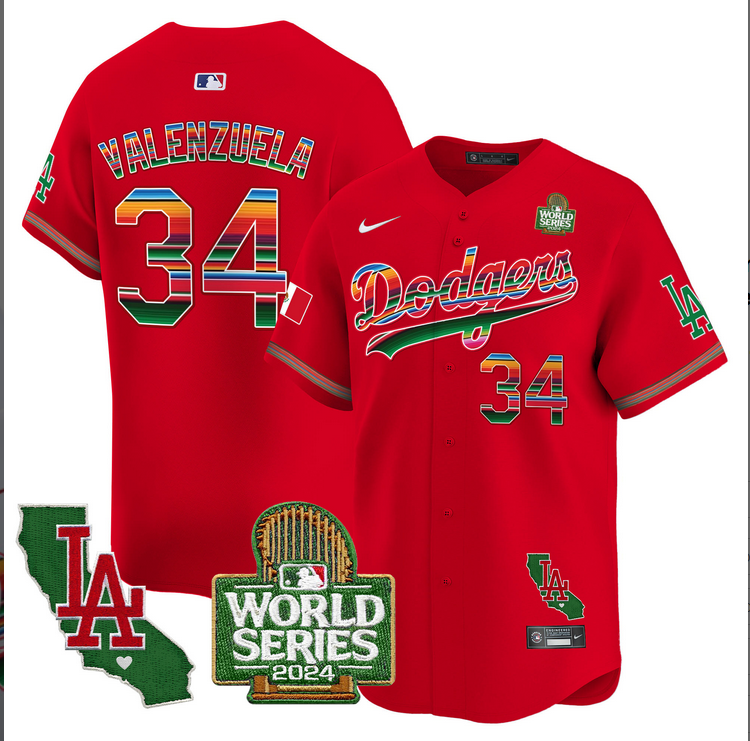 Men MLB Mexico Los Angeles Dodgers 34 Valenzuela red 2024 World Series Champions Patch Jersey 20241105